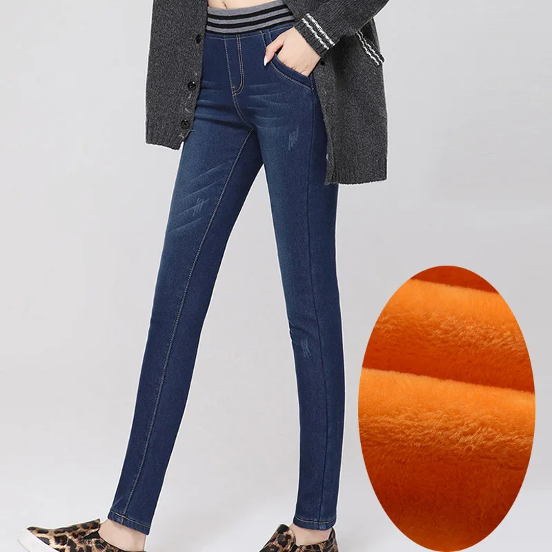Узкие черные джинсы женские 2018 зимние теплые джинсы для женщин добавить шерсть расстроен эластичный карандаш брюки джинсы женские брюки с