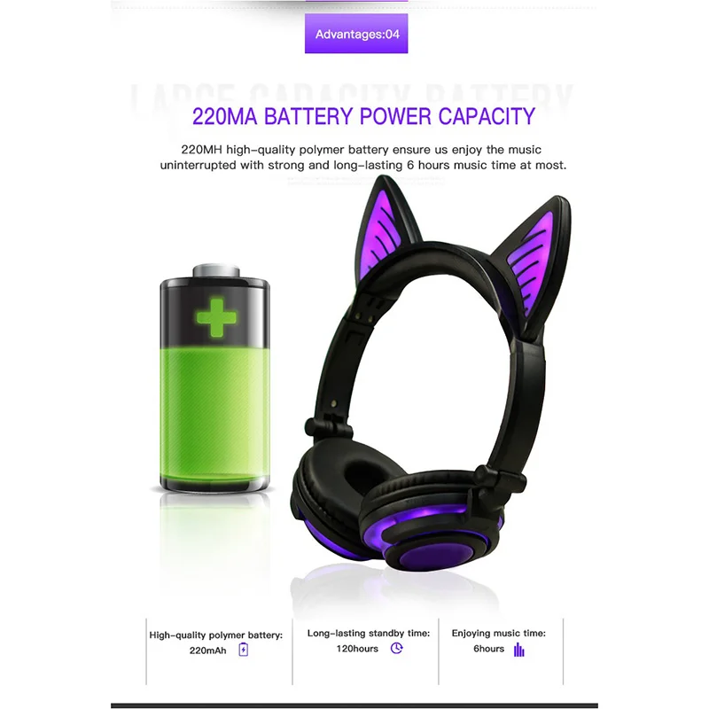 Teamyo Bluetooth Headphones Cat Ear Wireless Earphone microphone Flashing Glowing Headset With LED Light For PC Laptop Adult Kid
