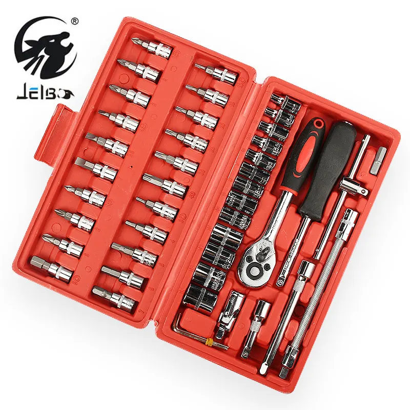 

JelBo 46 Pcs Socket Set (1/4") Of Auto Repair Tool Kit Set Auto Maintenance Tool Box Manual Hardware Wrench Combination Socket