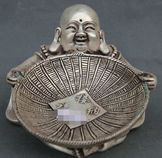 

198@g++6" Chinese Palace Silver Seat Happy Laugh Maitreya Buddha Basket Wealth Statue