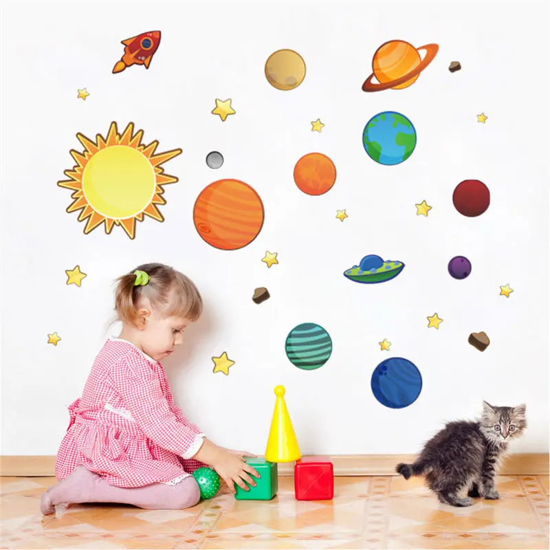 Солнечная система планеты Луна Наклейки на стены детский подарок декоративные Стикеры для спальни diy мультфильм Фреска Искусство ПВХ детские Плакаты для мальчиков 1313