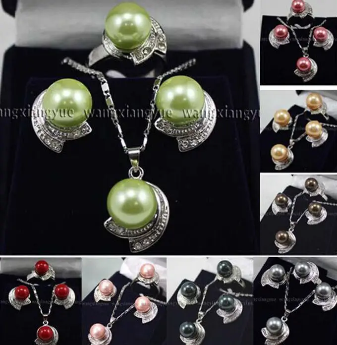 

8Colors Fashion Jewelry Shell Pearl Gemstones Earrings Ring Pendant Necklace Set Jewelry