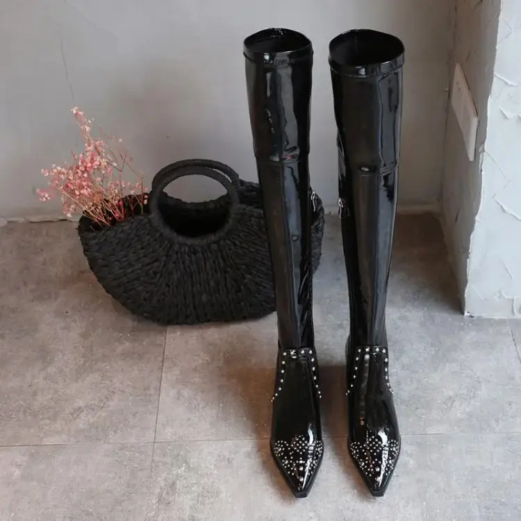 

Fashion Women Over Knee Boots Black Pointed Toe Med Heel Shoes Rivets Studded Patent Leather Knight Shoes S1