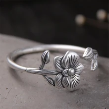 Настоящее серебро 999 пробы браслеты женские серебристый цветок под старину форма регулируемый Открытый браслет 30 мм Широкий 40,60 г