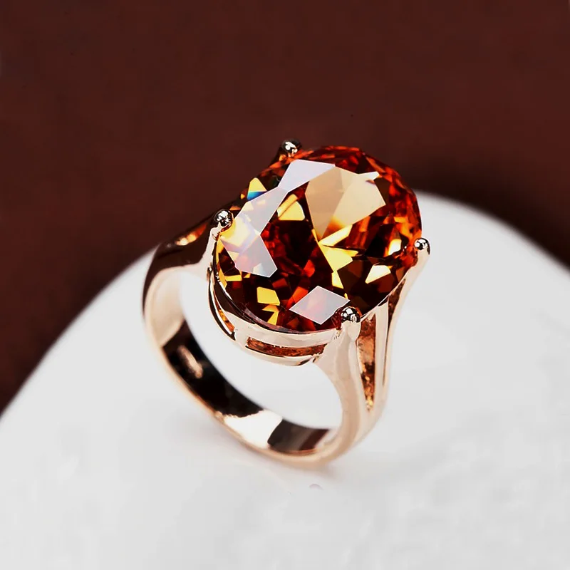 Brilliant Amazing Big Champagne CZ Stone Ring Large Single Oval Orange font b Crystal b font
