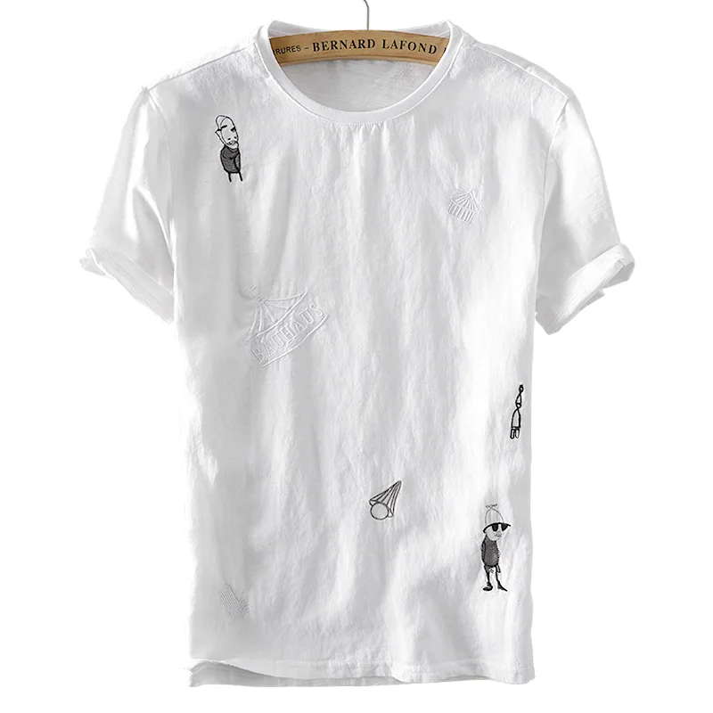 Новая Белая Льняная мужская футболка с мультяшной вышивкой и коротким рукавом, летняя мужская футболка с круглым вырезом, Повседневная модная мужская Футболка camisa