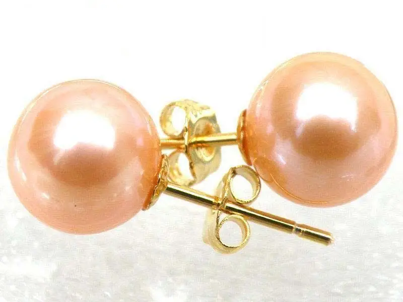 

free shipping AAA+++ Perfect Round 8.5mm Pink Akoya Pearl Earring Stud 14k/20 Yellow Solid Gold