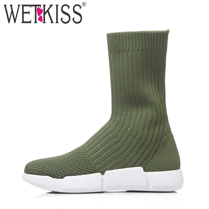 

WETKISS Flat Sole Women Sock Boots Stretch Platform Boot Autumn Round Toe Fashion Casual Female Shoes 2018 New Knitting Footwear
