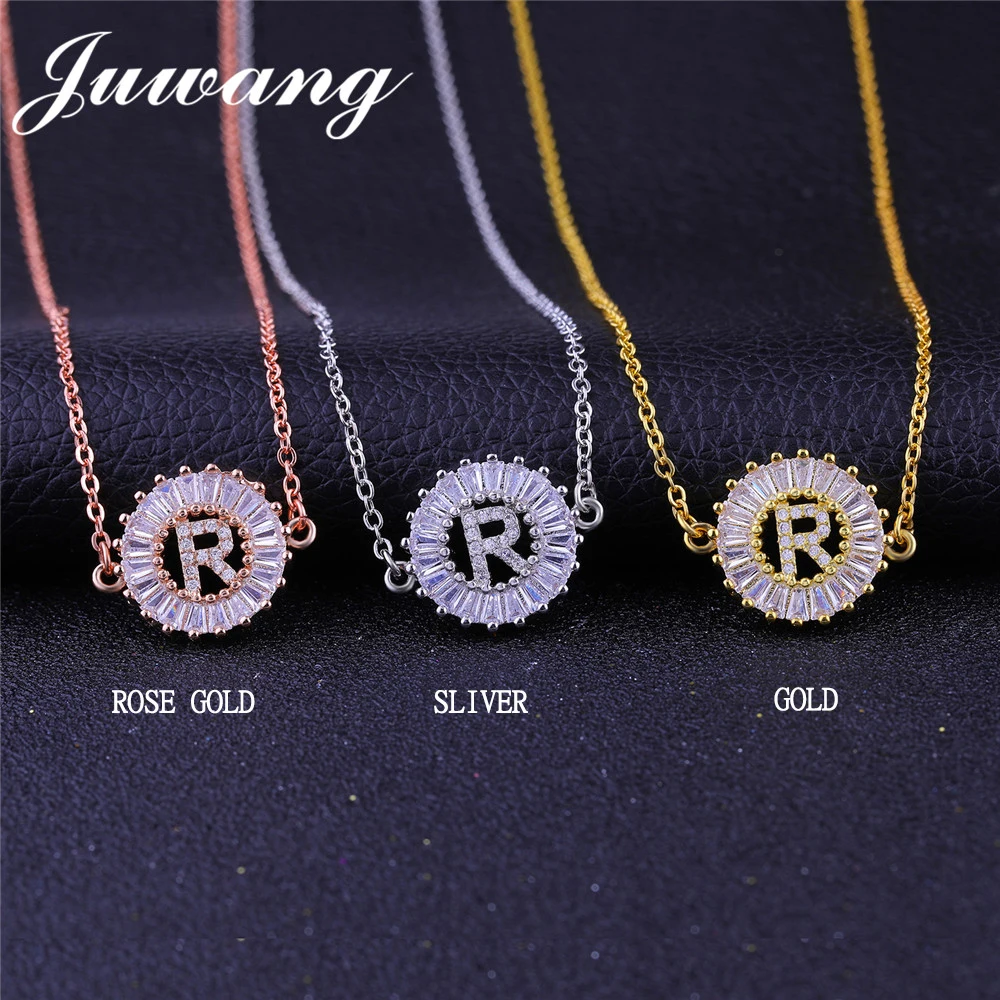 JUWANG A-Z Initial Letter Pendant Charm Cubic Zirconia Necklace for Woman Gold Silver Color Capital Letter Chain Necklace Gift Fashion Jewelry