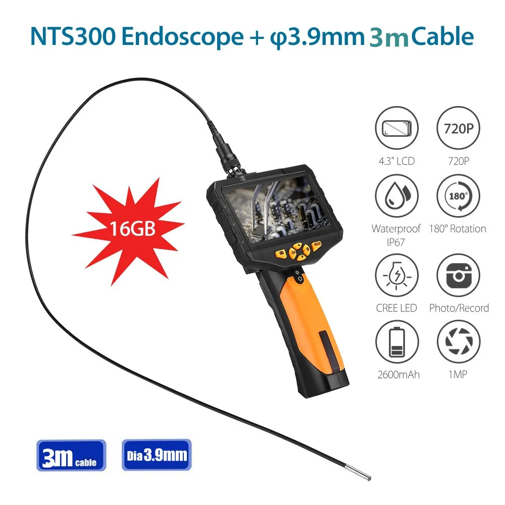 

EYOYO NTS300 Dia 3.9mm 3M Snake Inspection Camera 4.3 LCD Monitor 720P Endoscope Borescope DVR Recorder 6 Leds 360 Degree Flip