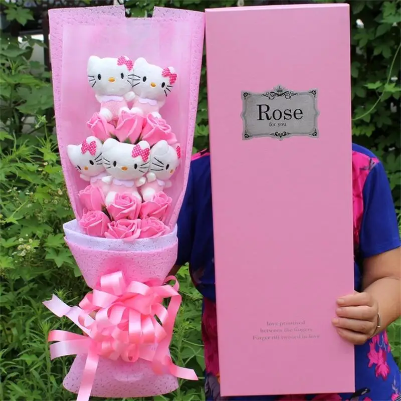 

2019New Stuffed Toys Lovely hellokitty Plush cats Doll with fake roses cartoon flower bouquet Decorations valentines Gift girls