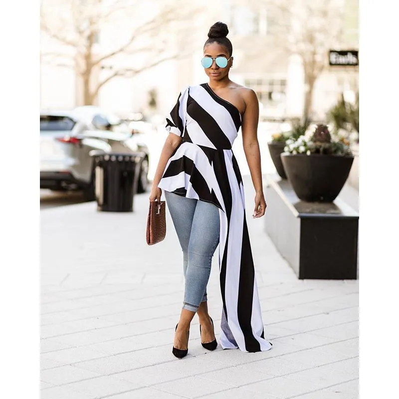 2018 Women Summer One Shoulder Striped Blouse Casual Irregular Tops Short Sexy Long Asymmetric Blouse Blusas Blouses