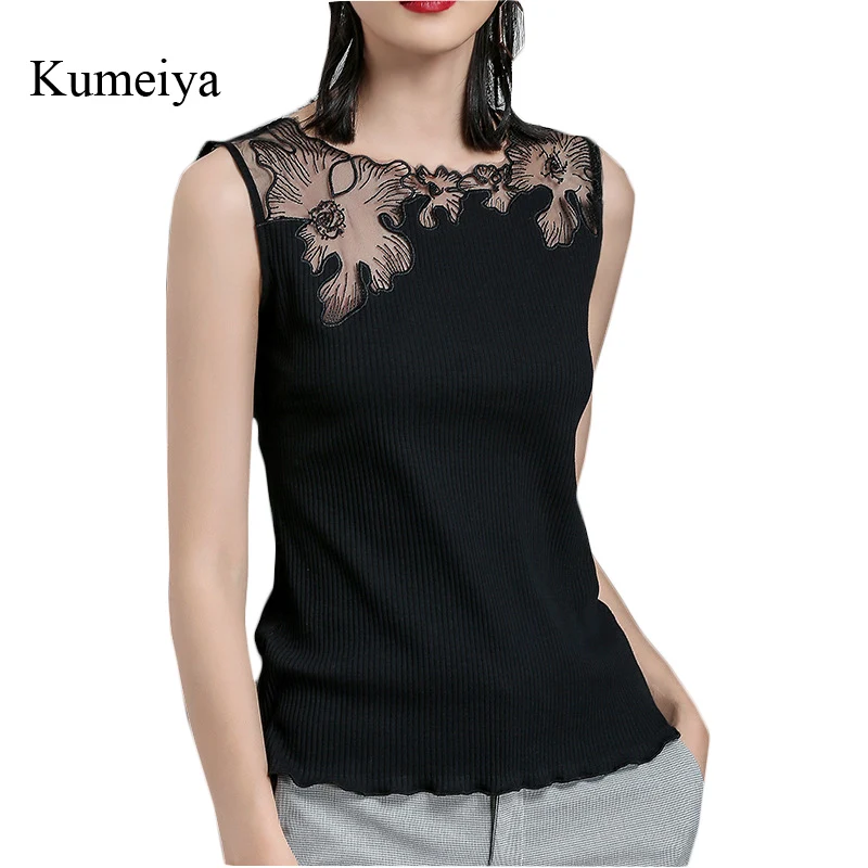 

Kumeiya Lace Tee Tops Women 2019 Summer White Black Sleeveless Women Sexy Shoulder Patchwork Lady Tank Tops Knitted Female Shirt