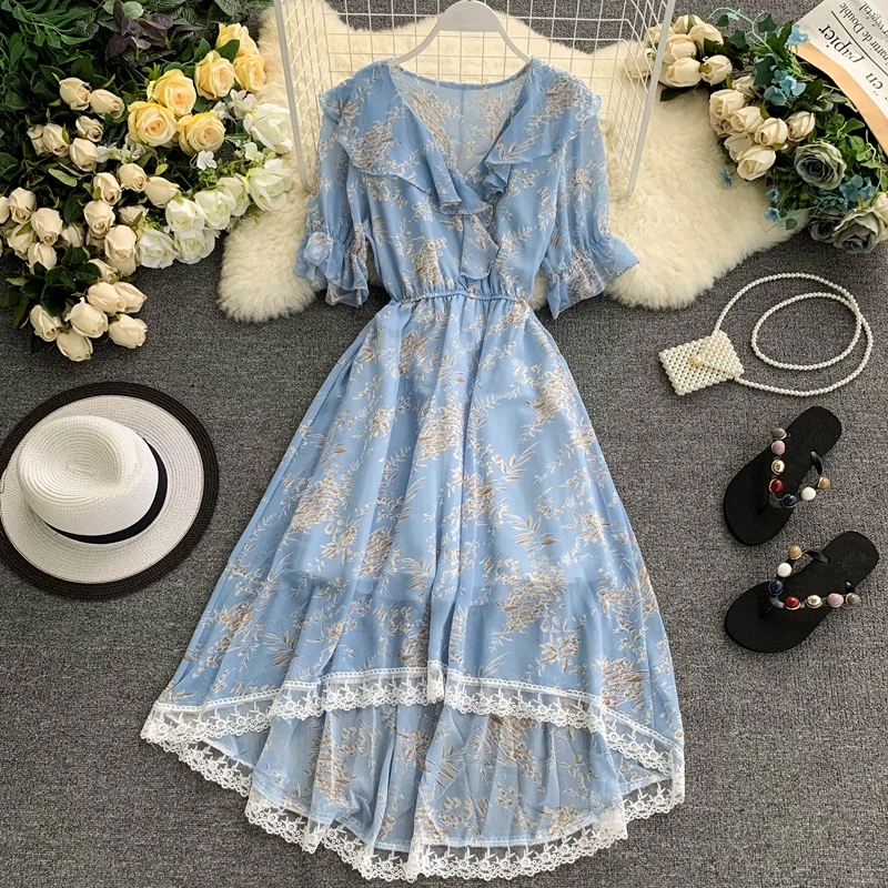 

2019 summer new women's V-neck short sleeve ruffles flower print chiffon with lace dress female elegant waist princess dresses