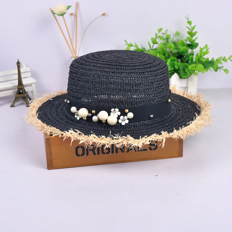 HSS Лидер продаж+ соломенная шляпа с плоским верхом на лето и весну, женские кепки для путешествий, пляжные шляпы от солнца с жемчугом для отдыха с буквой M, дышащие модные цветочные шляпы - Цвет: Black001