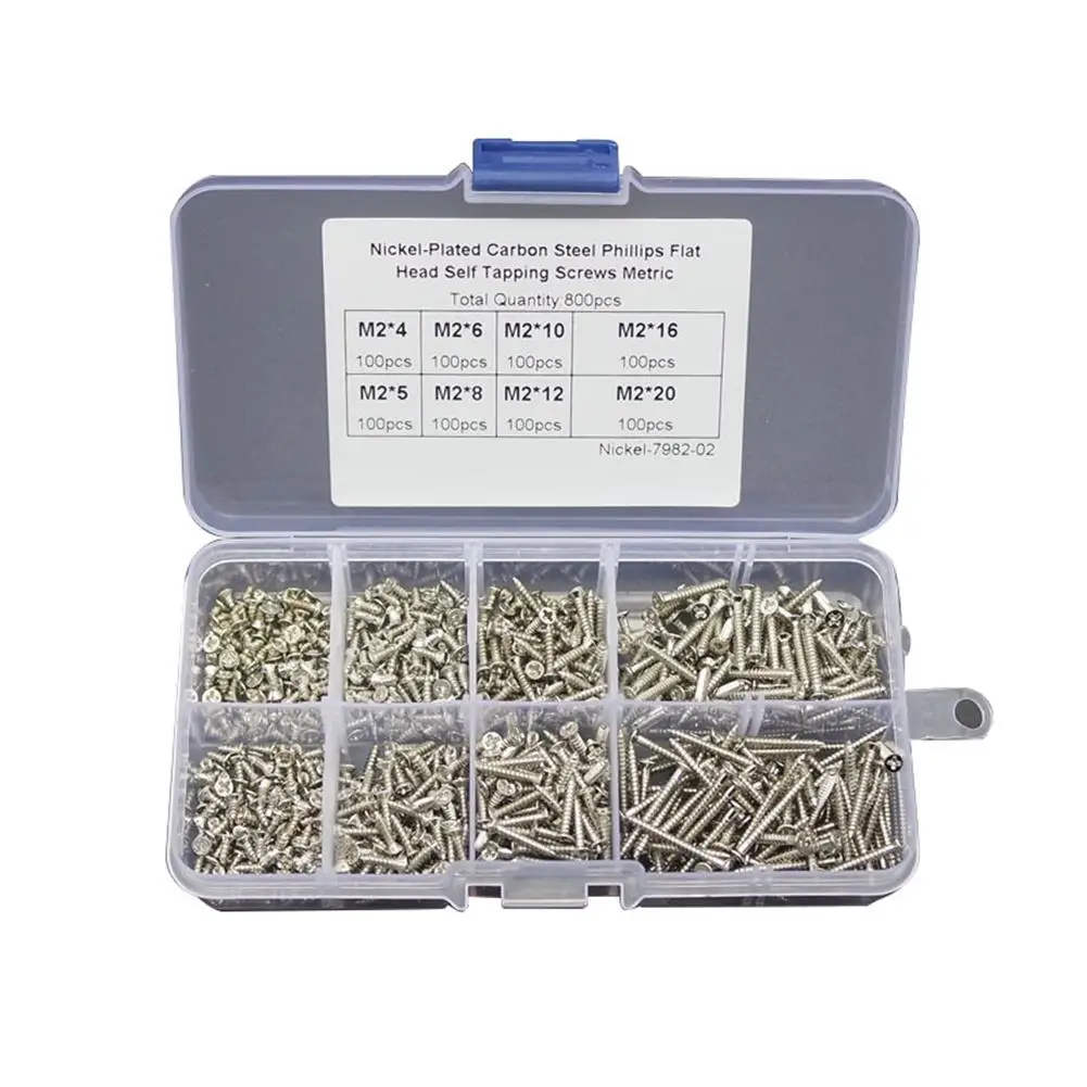 

800pcs/Set M2 Nickel Plated Carbon Steel Head Self Tapping Screws Assortment Kit