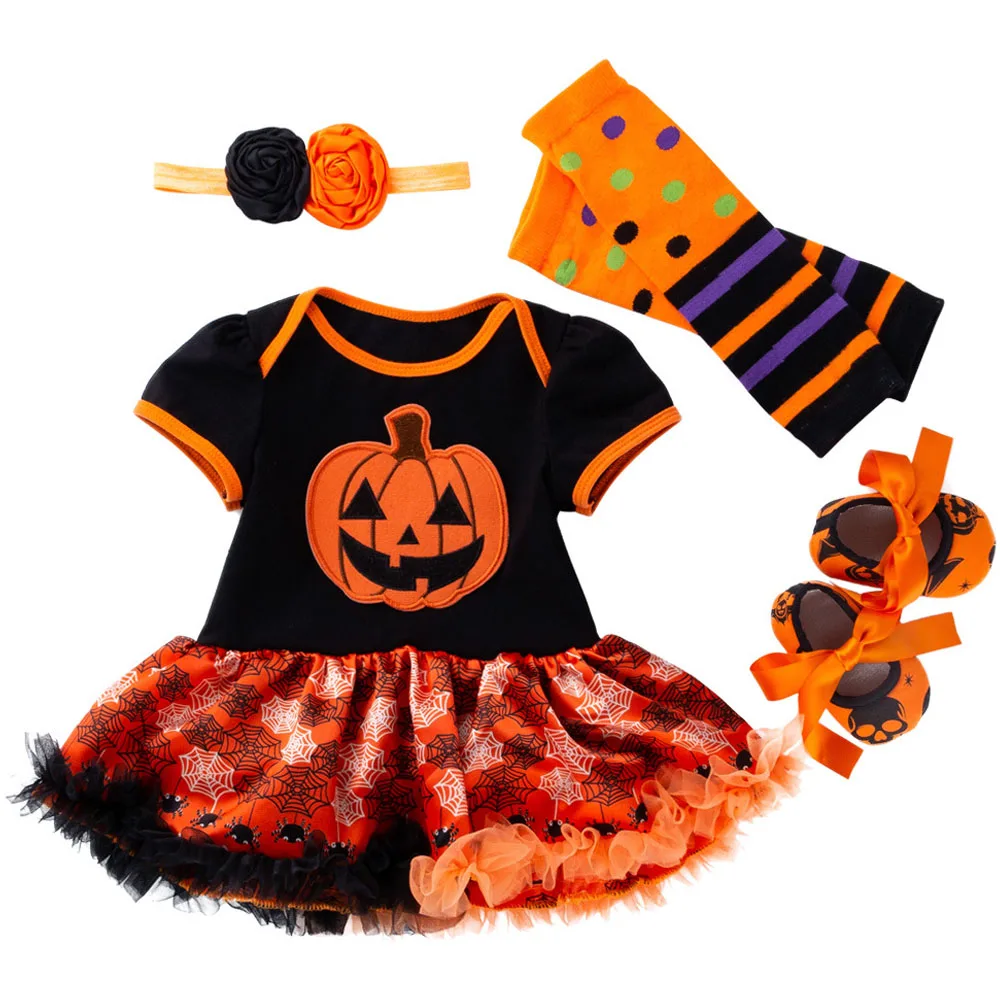 

Baby Girl Clothes Halloween New Infant Pumpkin Romper Tutu Dress Suits Cartoon Newborn Girl Jumpsuit+Headband+Sock+Shoes 4Pcs