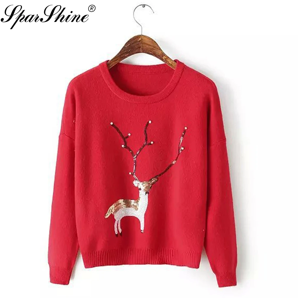 Рождественский свитер с вышивкой оленя, Женский пуловер, повседневный джемпер, Pull Femme Hiver, с круглым вырезом, осенне-зимняя одежда, женский свитер, топы