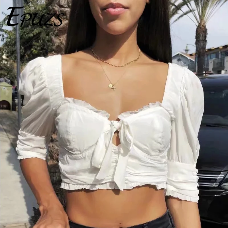 

Vintage ruffle chiffon blouse summer womens tops and blouses casual streetweat puff sleeve white shirts 2019 korean boho top