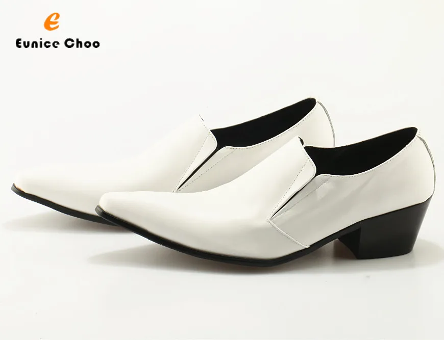 

Eunice Choo White Smooth Leather Men Formal Shoes Chunky Heels Pointed Toe Simple Dress Wedding Shoes Plus Size Male Loafers