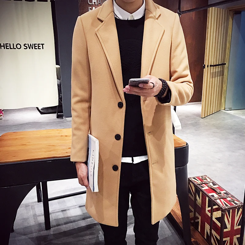 Men Woolen Long Coat Trench Coat Winter Slim Fit Black Green Vintage Khaki