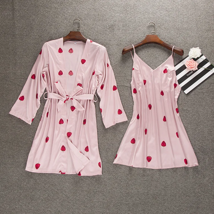 

2019 NEW Womens 2PC Strap Top Suit Night Robe Sleepwear Sets Casual Pajamas Sexy Nightwear Kimono Bath Gown M L XL