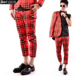 Мужская мода Красный Шотландия решетки брюки Тонкий повседневные штаны ночной клуб певица Dancer DJ для выступления брюки