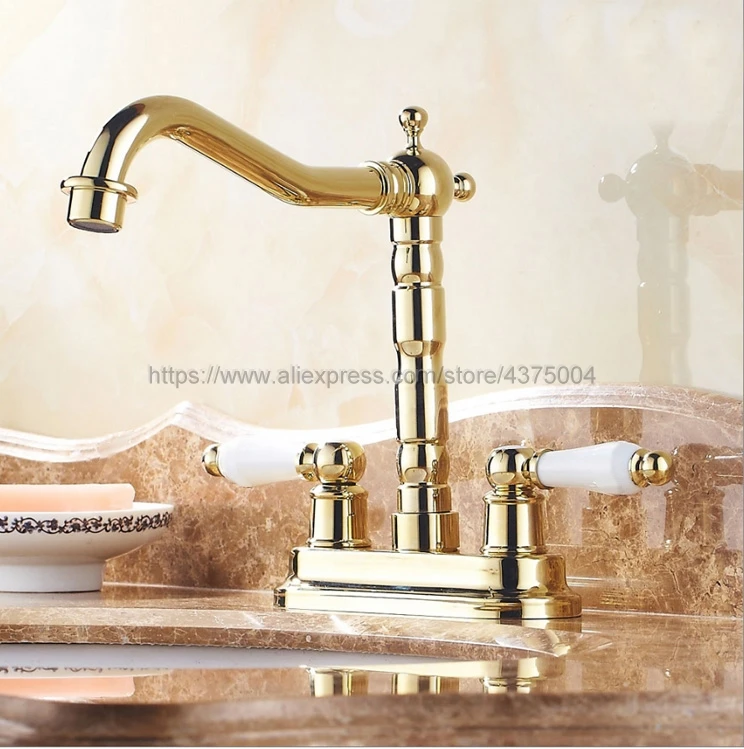 الذهب اللون النحاس الطابق جبل مزدوجة مقبض صنبور الحمام الغرور سفينة المصارف خلاط صنبور الباردة والساخنة صنبور الماء Nnf431