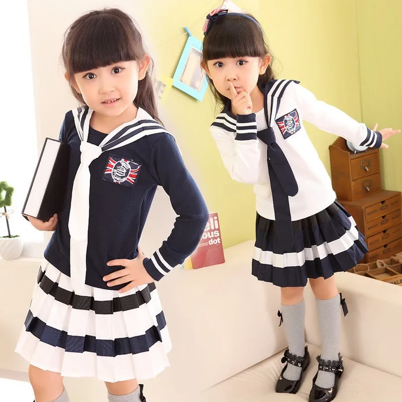 

Kids Girls Dress Set for Spring Girls Clothing Set 3 pcs Collar & Long Sleeve T-shirt & Stripe Skirt Set Girl School Outfits