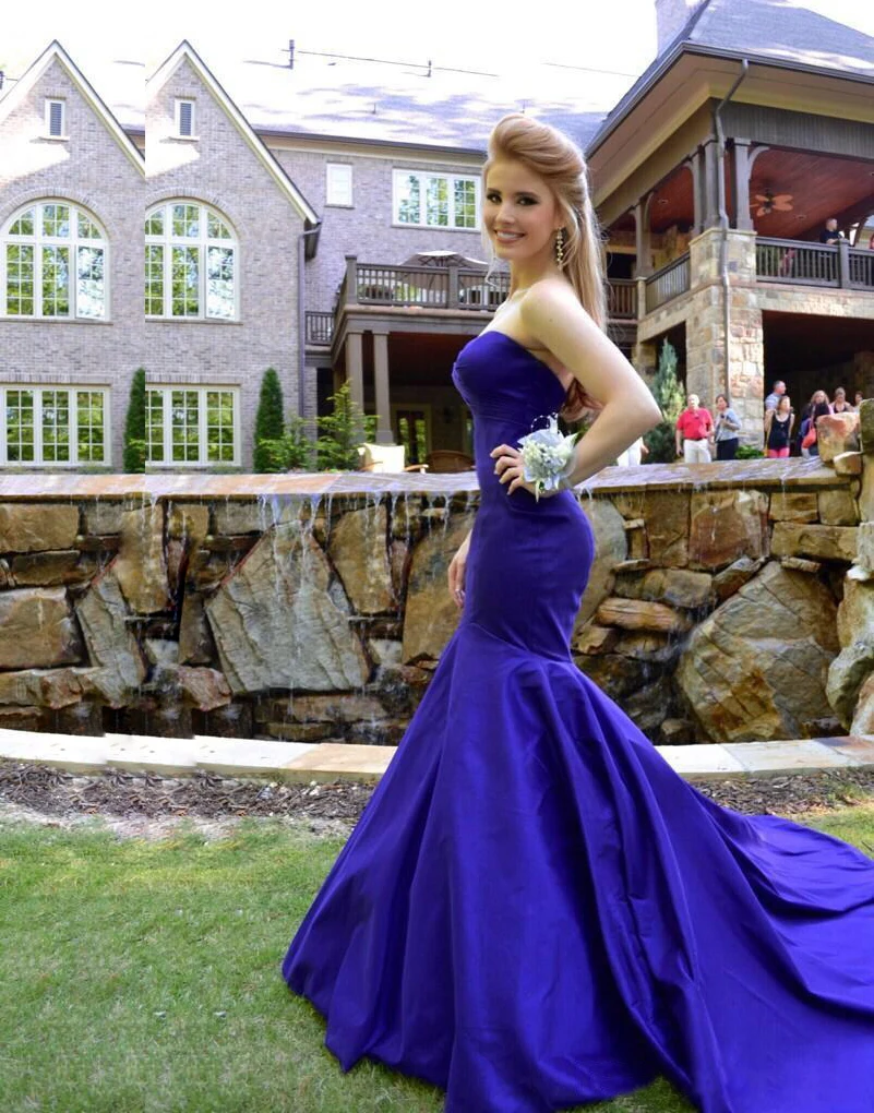 2015 Satin Mermaid Royal Blue Evening font b Dresses b font for Women Strapless Red Carpet