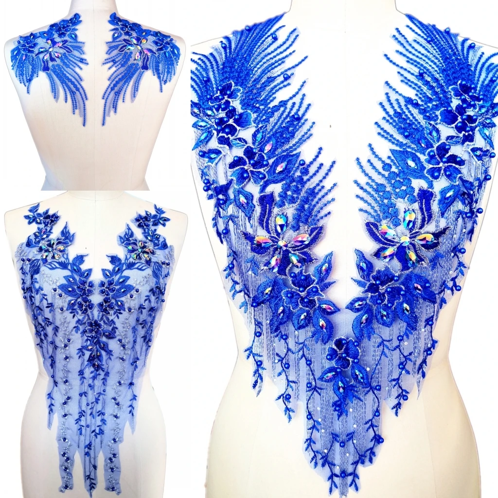 

V Neck Royal Blue Beaded Sew on Diy Crystal Stone Rhinestone Patch Sewing For Clothes Appliques Patches Clothing Wedding Costume