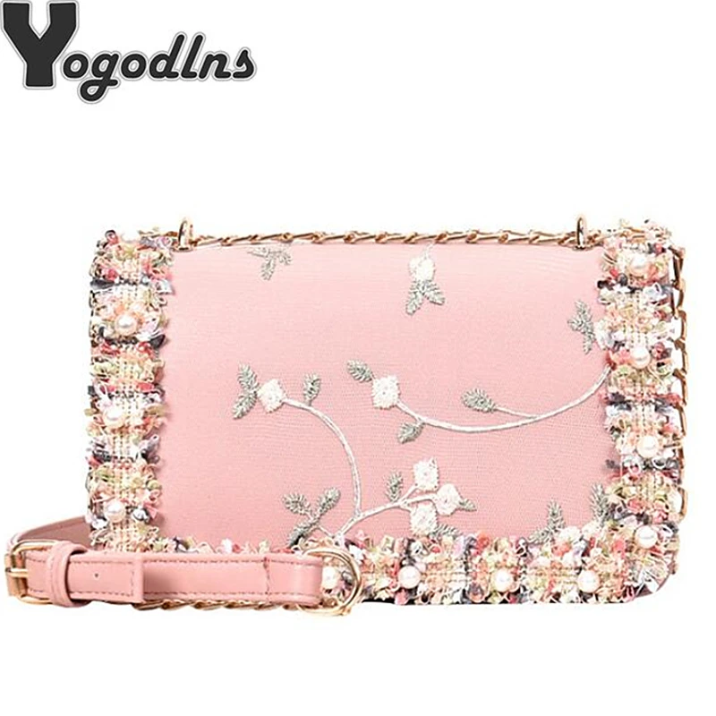 

Trendy Women Bag with Lace Flower Handbag PU Leather Chic Flower Pearl Girl Crossbody Bag Chain Shoulder Bags For female