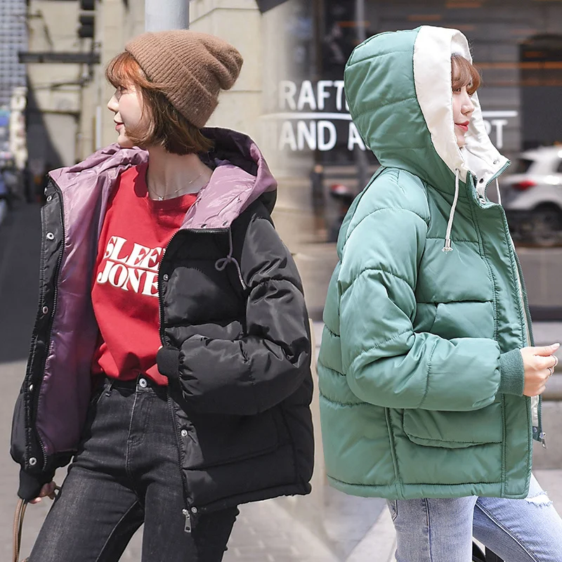 

Winter Coat Women Oversized Harajuku Parkas Short Padded Warm Jacket Patchwork Korean Women Winter Clothing Loose Fluffy Parka