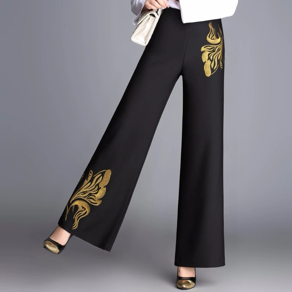 de pierna ancha a la moda mujeres mayores de talla grande holgados de cintura alta casual bordado pierna ancha pantalones|wide leg pants|wide-leg pantsleg pants - AliExpress