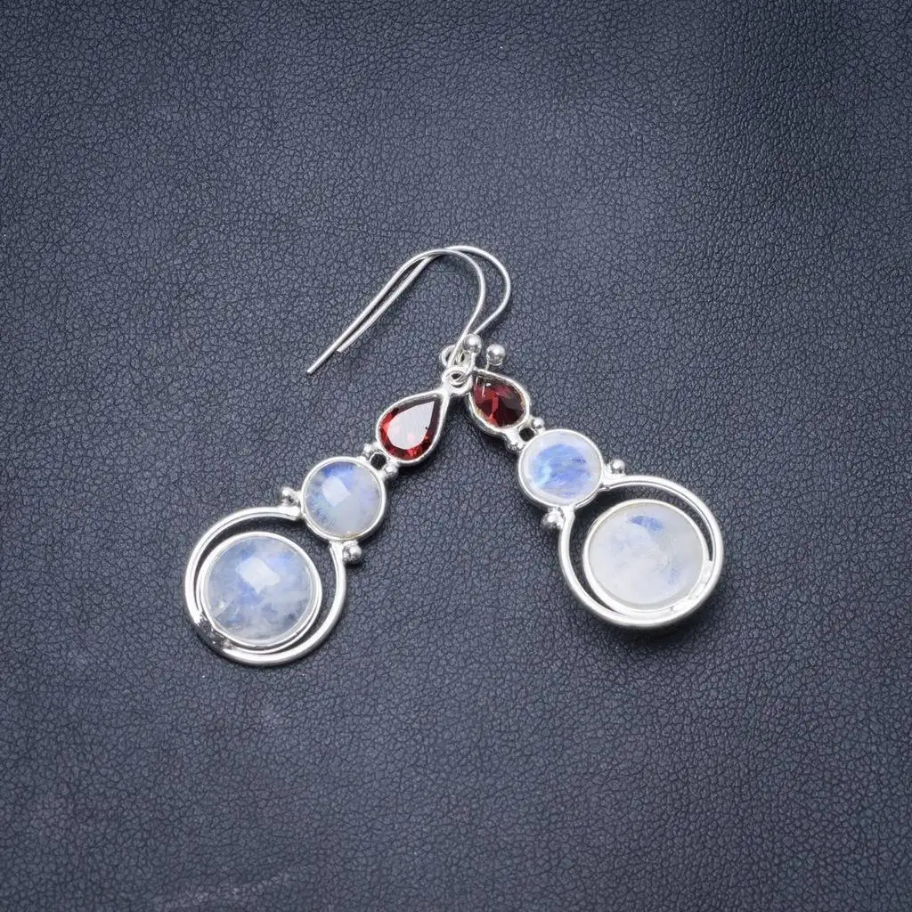 

Natural Rainbow Moonstone and Garnet Handmade Unique 925 Sterling Silver Earrings 1.75" Y3503