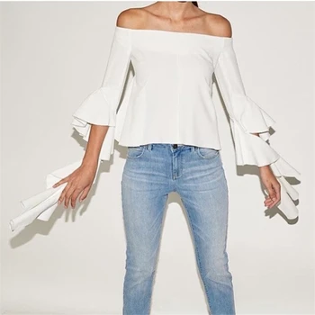 

2016 Autumn New Casual Fashion Off Shoulder Slash Neck Long Puff Ruffles Flare Sleeve Women Blouse Shirt Tops Blusas Party