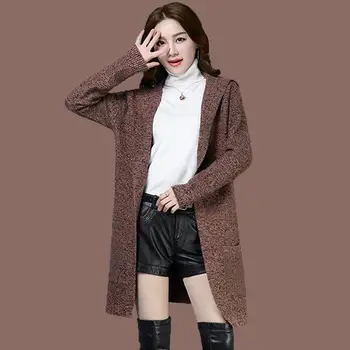 

2019 Autumn Winter Women Fashion Thick Hooded Knit Long Cardigan Sweater Jacket Female Casual Loose Tricot Poncho Knitwear K58