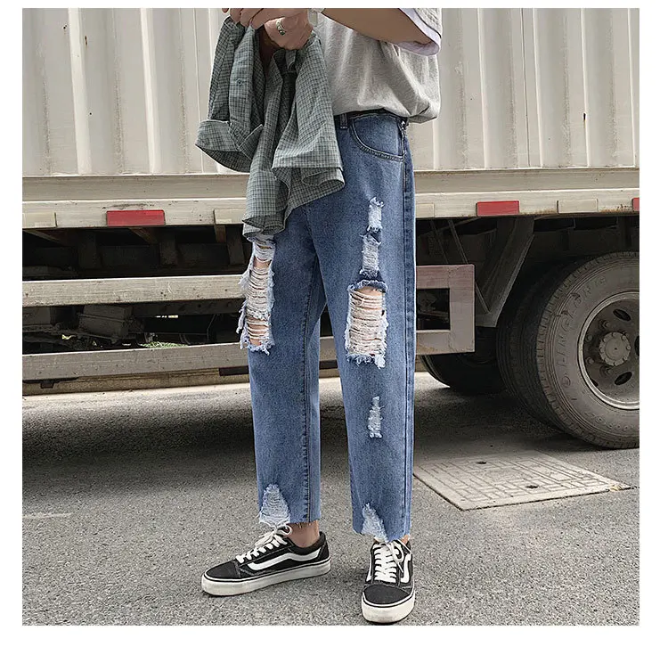2019 летняя новая Корейская версия тренда тонкой пары свободные прямые мужские повседневные уличные джинсы большого размера