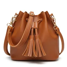 Women Tassel Bucket Bag Vintage Drawstring Shoulder Bag European Fashion Pu Leather Messenger Bags Girls Mini Crossbody Bags girls tassel flat pu crossbody bag