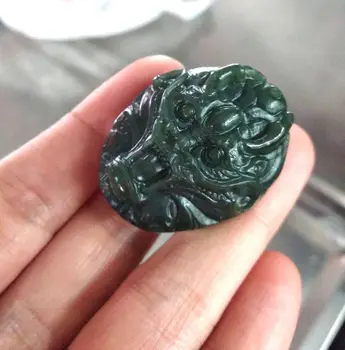 

Craftsman Hand Carved Dragon Head Amulet Dark Green jade Pendant Necklace TALISMAN
