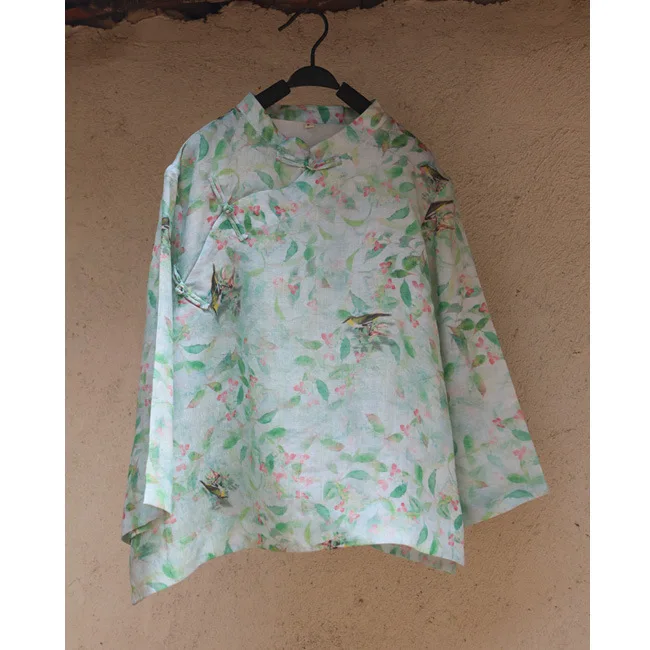 

Vintage Green Leaves Bird Print Slant Stand Collar Frog Button Pure Ramie Linen Shirt, Summer Thin Elegant Ladies Top Shirts
