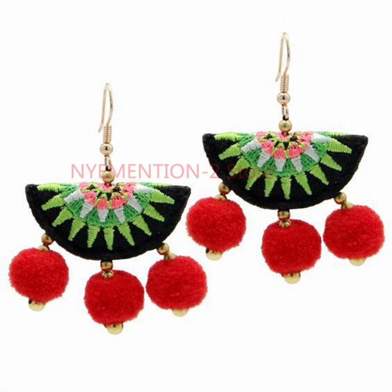 40PCS MANILAI HMONG EMBROIDERY EARRINGS WITH POM POM EARRINGS ETHNIC STYLE ACCESSORIES DANGLE EARRINGS FOR WOMEN 2018