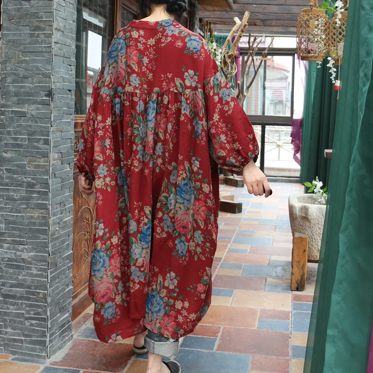 

2019 female spring and summer comfortable double-layer washed cotton dress nostalgic flower loose nine-point sleeve doll shirt