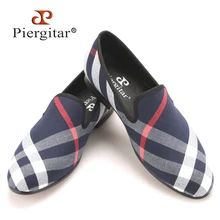 Piergitar Azul y blanco a cuadros zapatos de lona de la marca de lujo de los hombres plantilla de cuero de cerdo de los hombres de los holgazanes negro zapatos casuales de los hombres pisos