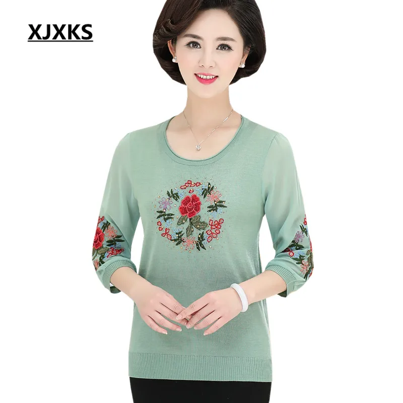 

XJXKS Fashion embroidery loose plus size women blouse 2019 spring new fashion round neck Three Quarter sleeve women top