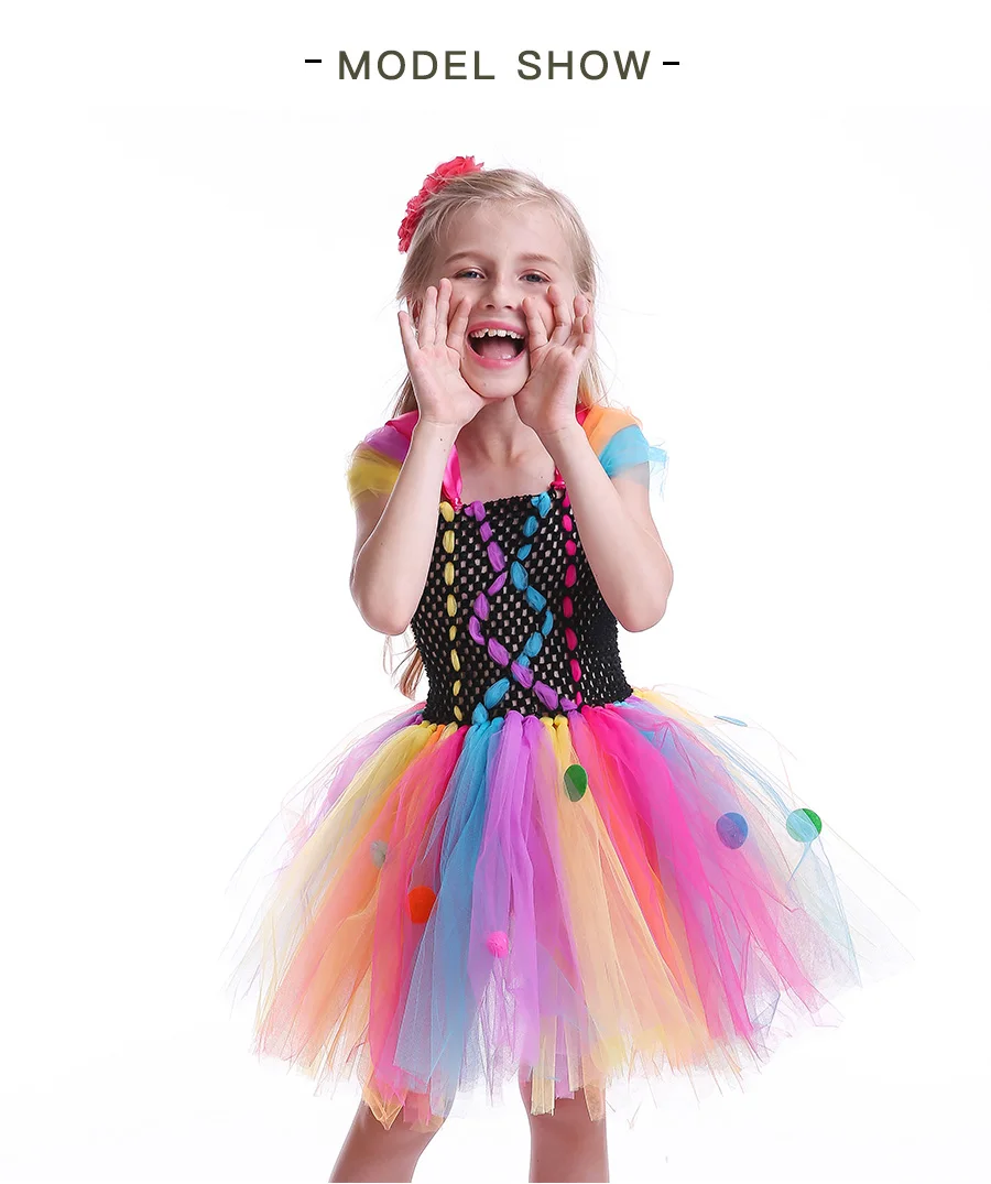 Funky Coloured Clown Style Girls Tutu Dress Circle Embellished Children Tulle Dress for Halloween Parties Role Play Fancy Dress (4)