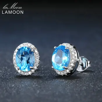 

LAMOON Classic 6x8mm 100% Natural Oval Blue Topaz 925 Sterling Silver Jewelry S925 stud Earrings LMEI020