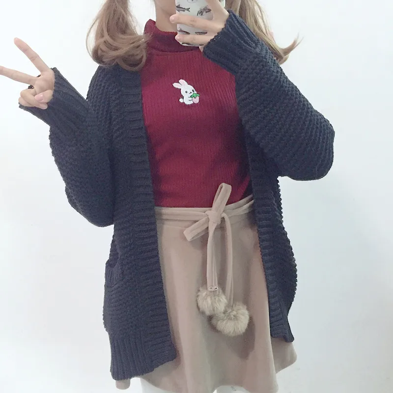 Осень зима милый кролик мультфильм вышивка вязаный свитер для женщин консервативный стиль Harajuku мода эластичный тонкий свитер женский