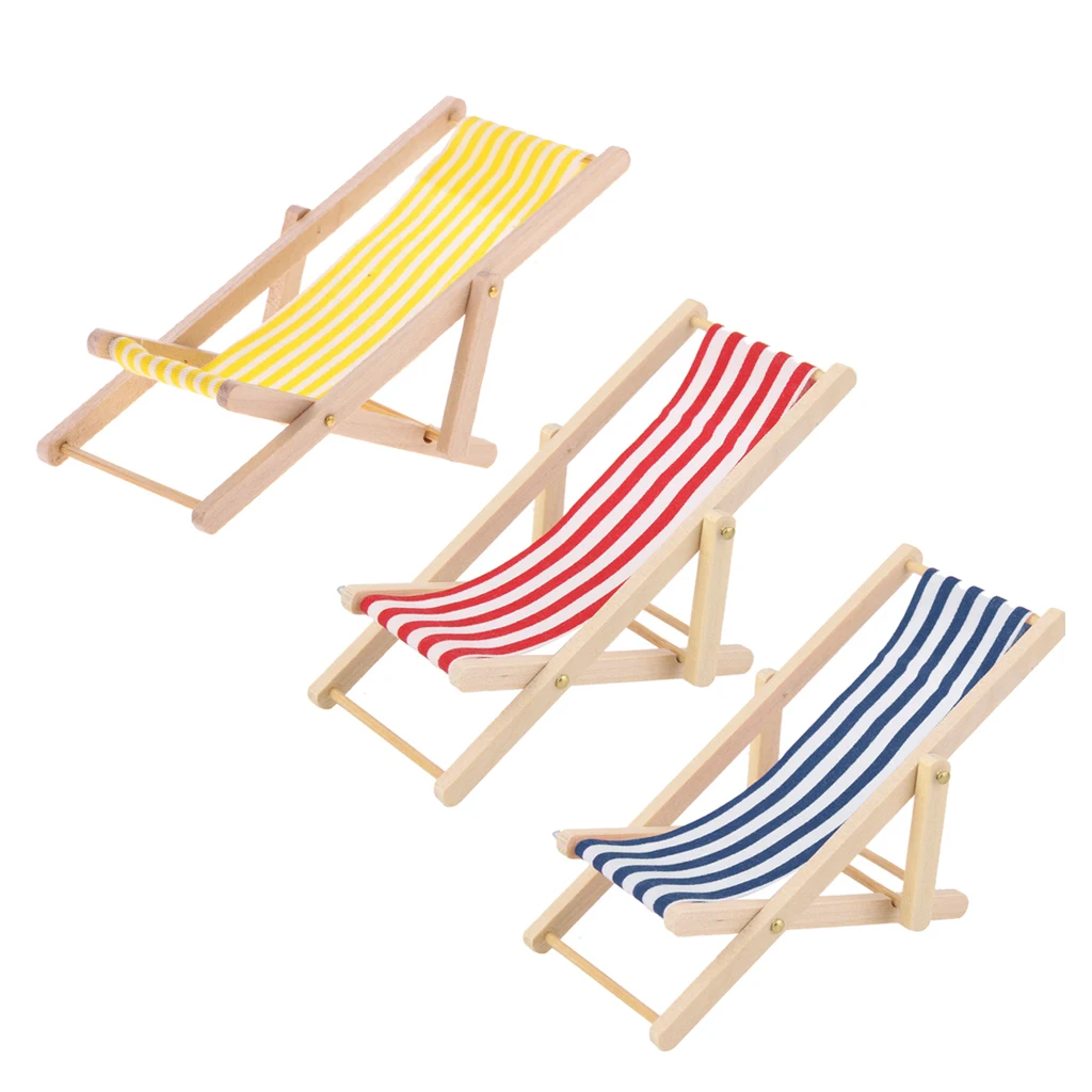 3pcs 1/12 Dolls House Miniature Stripe Wooden Lounge Beach Lawn Chair