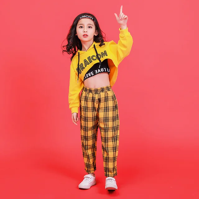 Yellow Girls Boys Hip Hop Hoodies Dance Clothes for Kids Jazz Dancing Costumes T Shirt Ballroom Crop Tops Plaid Jogger Pants 3